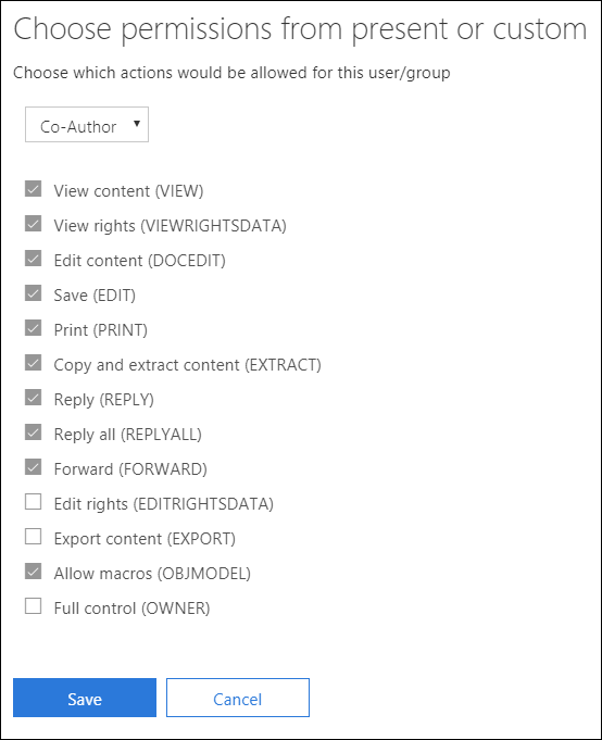 Encryption options to choose permission levels or custom permissions.