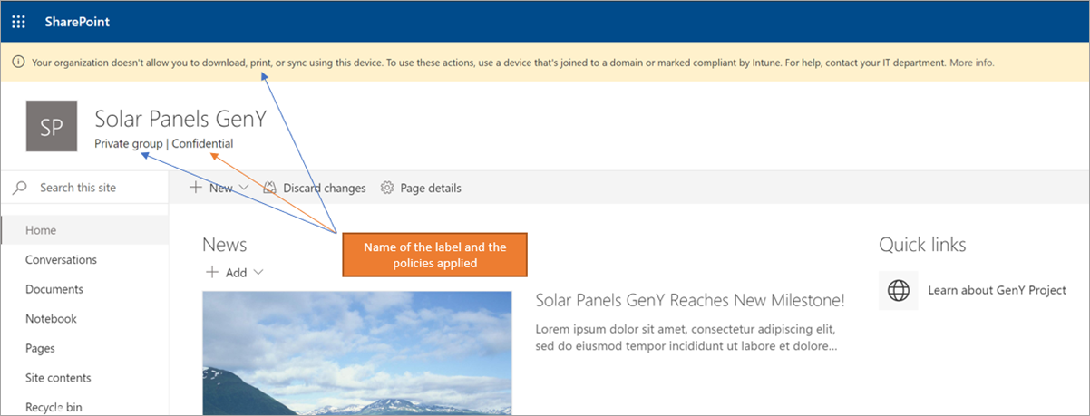 A site that has a sensitivity label applied.