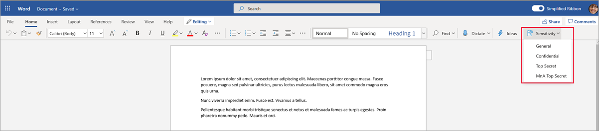 A sensitivity label displayed in the Word desktop app.