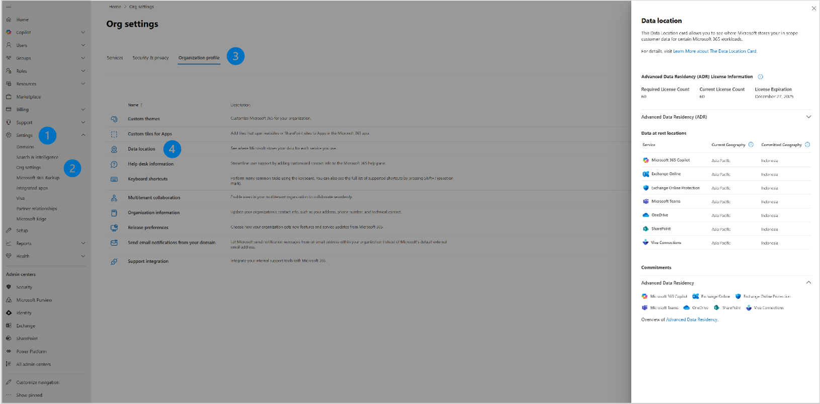 Screenshot of Microsoft 365 Admin Center Data location View.