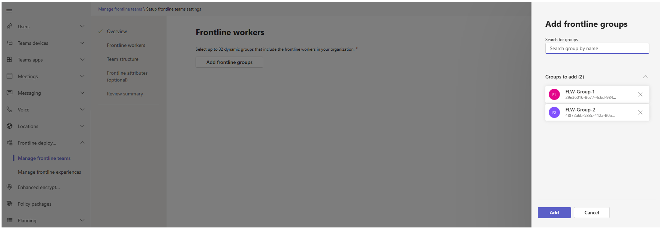 Screenshot showing how to add frontline groups to frontline teams settings.