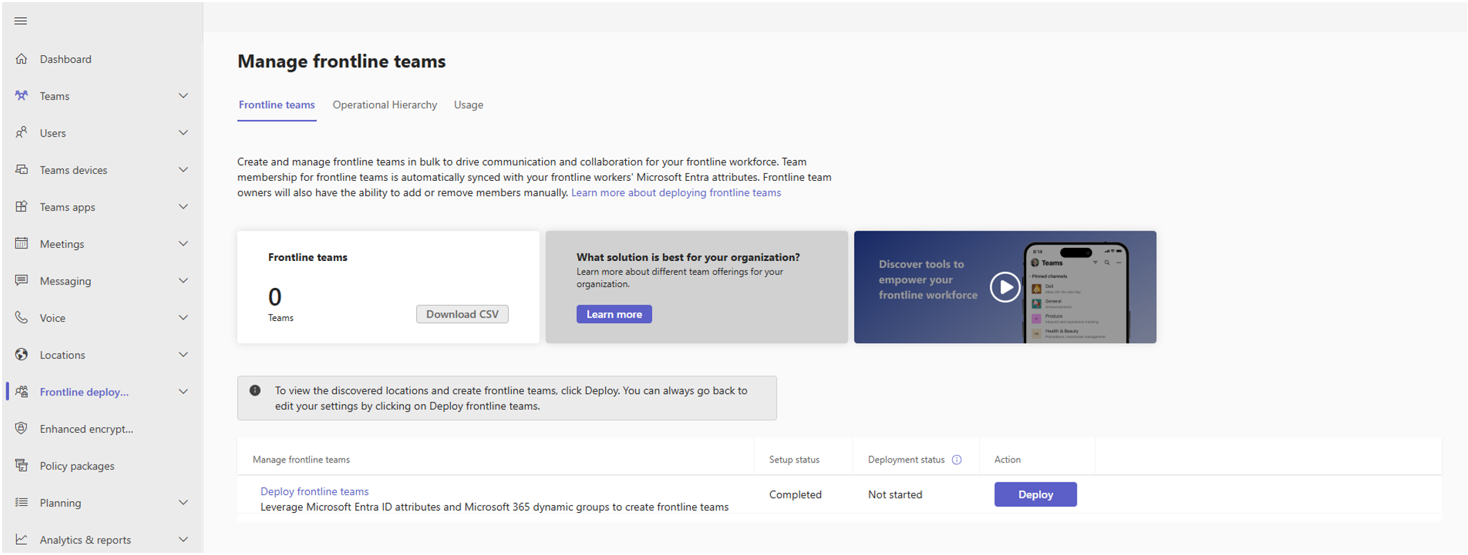 Screenshot for how to manage frontline teams for teams deployment.