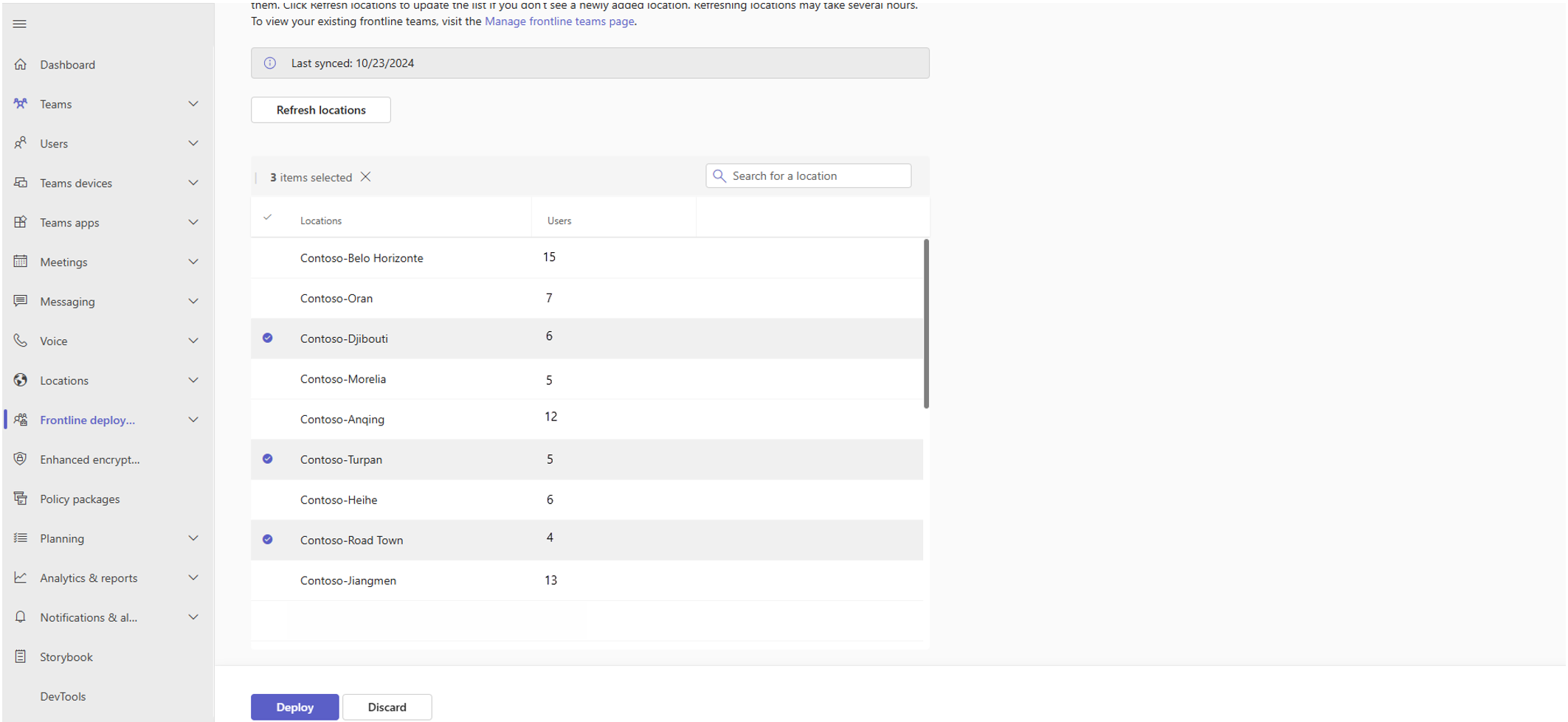 Screenshot selecting locations for a deployment.