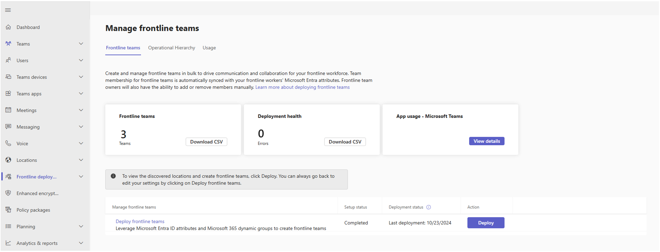 Screenshot showing how to manage frontline teams after a teams deployment.