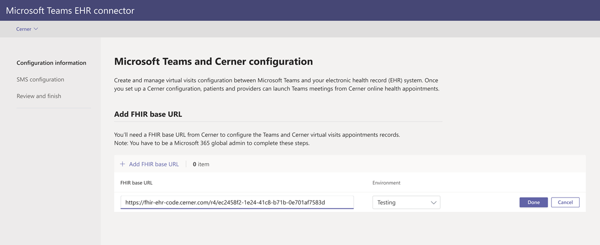 Screenshot of the Configuration information page of the Teams EHR connector configuration portal.