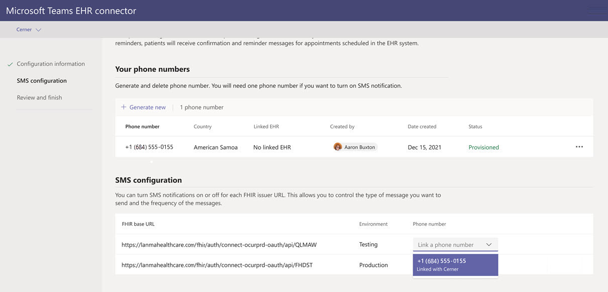 Screenshot showing how to link a phone number to a FHIR base URL.