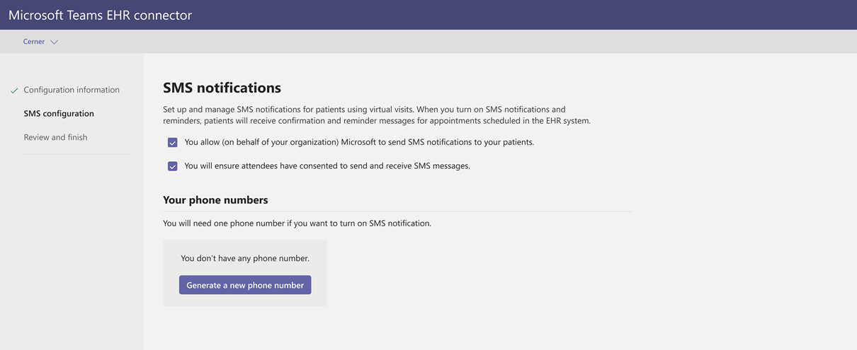 Screenshot of the SMS notifications page, showing consent check boxes and the option to generate a phone number.