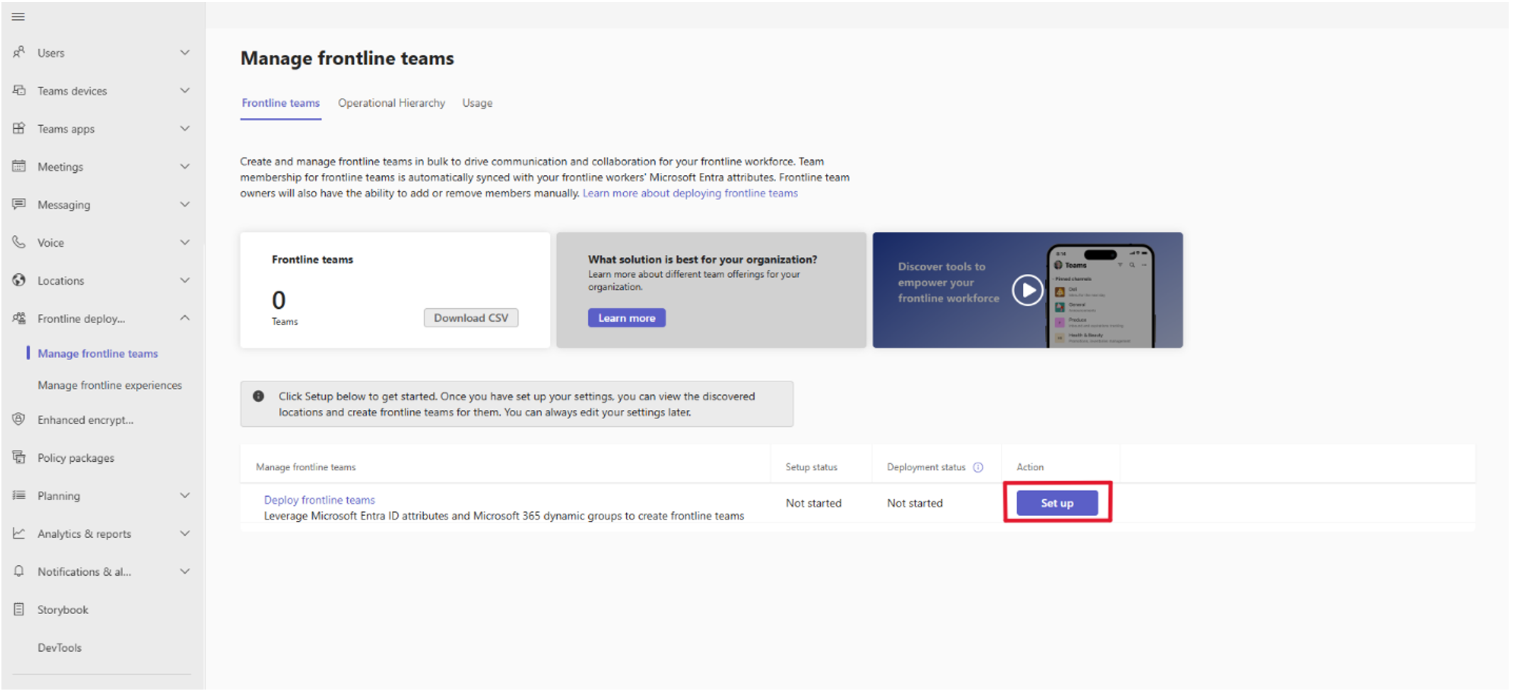 Screenshot showing how to manage frontline teams in Teams admin center.