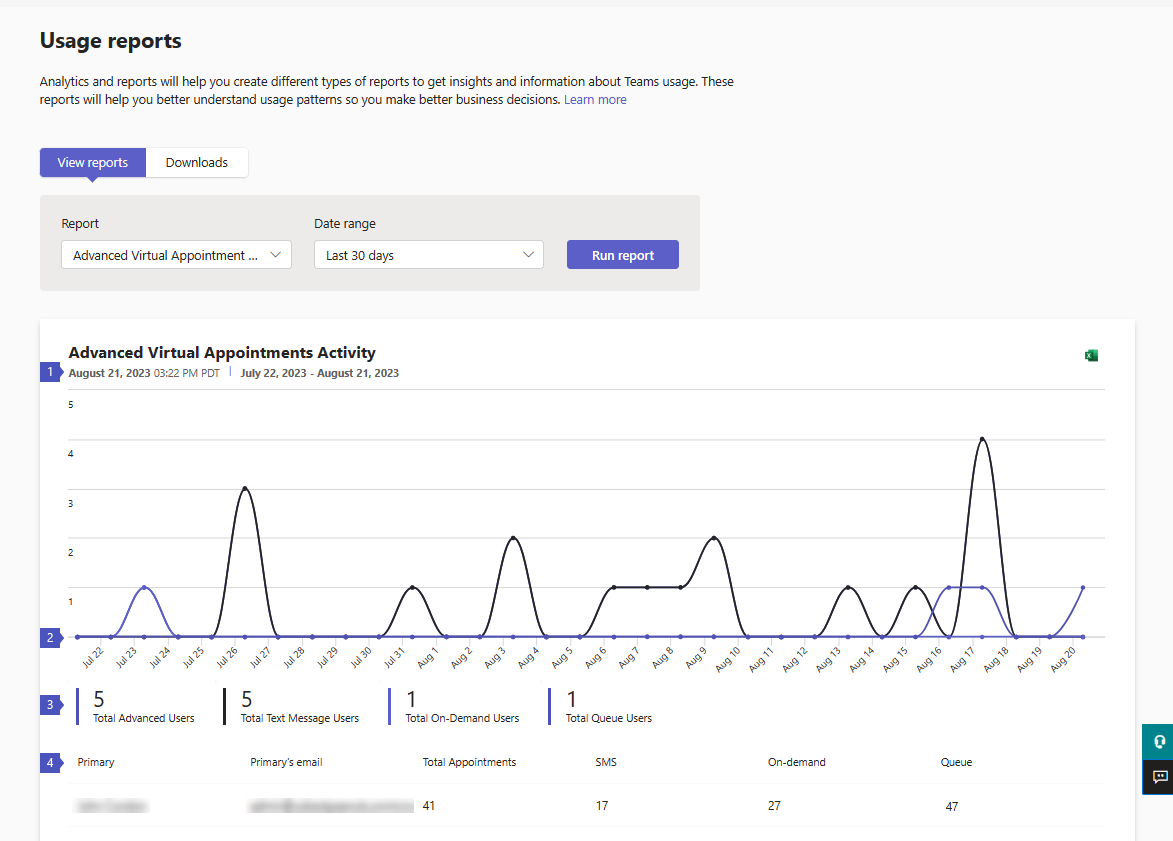 Screenshot of the Advanced Virtual Appointments activity report.
