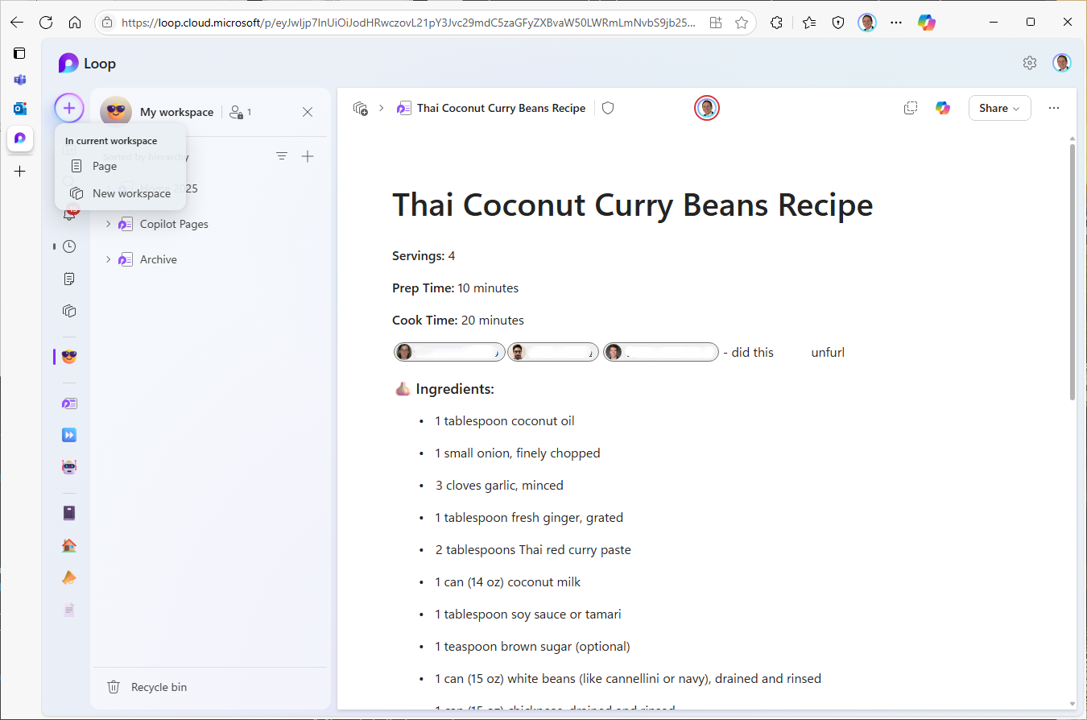 Screenshot showing the Loop app user interface for creating new components or workspaces.