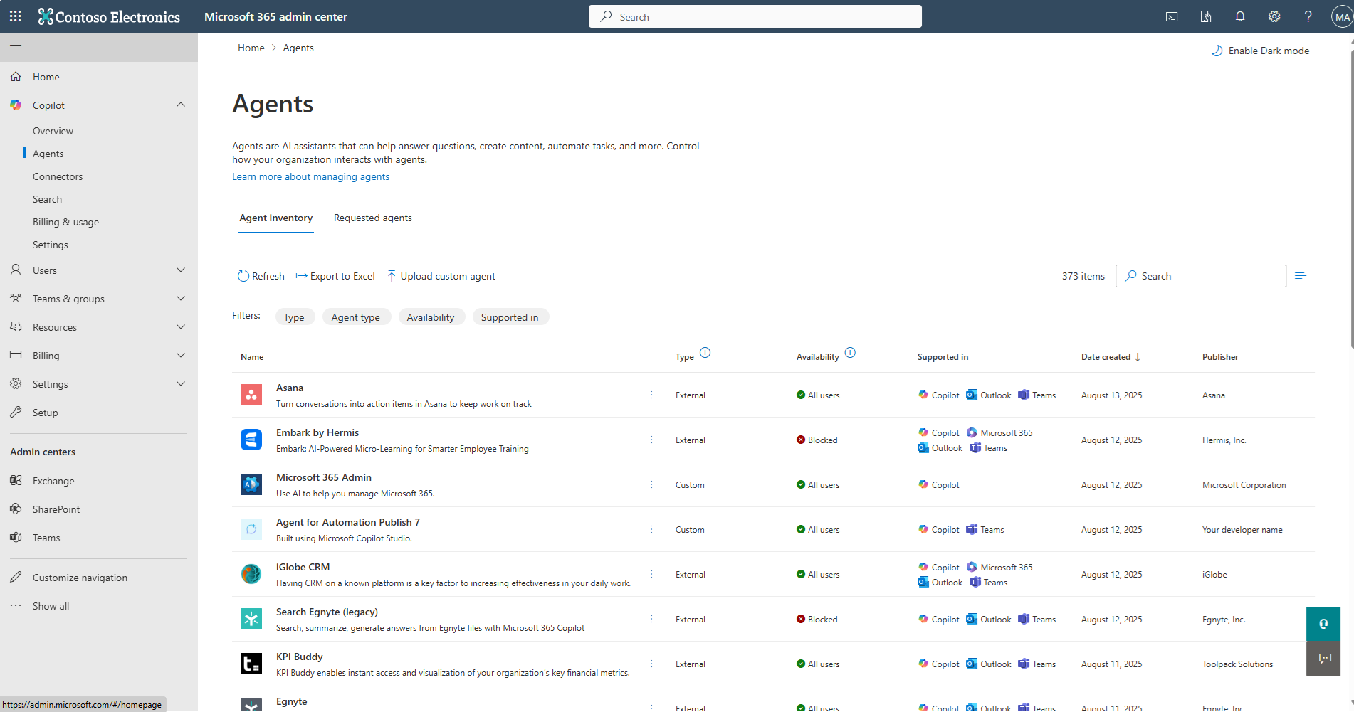 Screenshot showing the Agents & connectors page in the Microsoft 365 admin center.