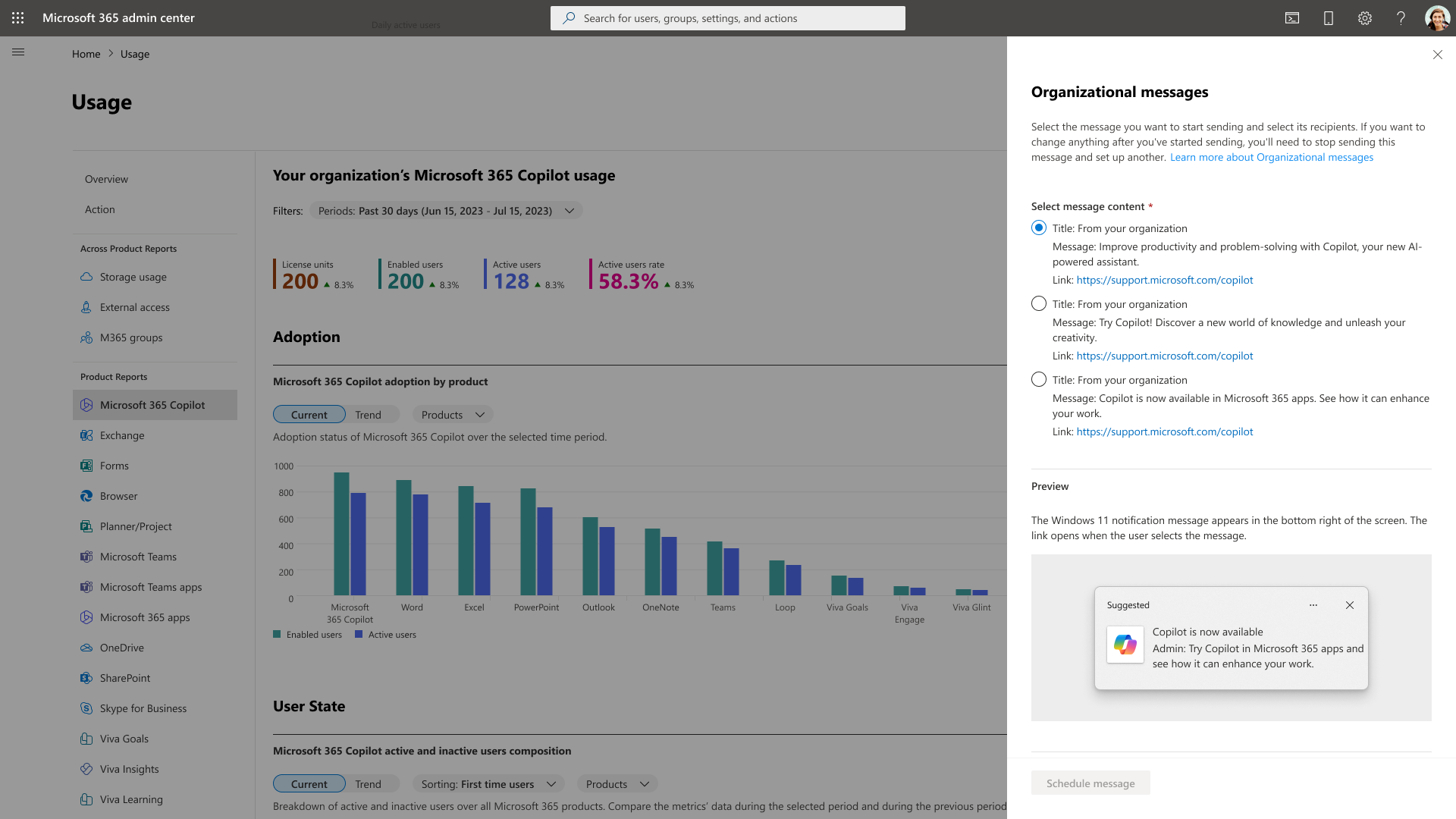 Screenshot showing the panel to select an Organizational message about Microsoft 365 Copilot.