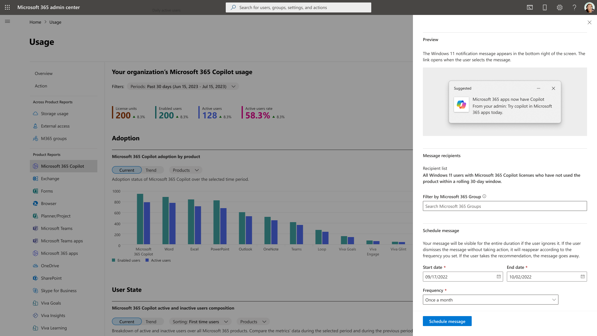 Screenshot showing the panel to schedule the delivery of an Organizational message about Microsoft 365 Copilot.