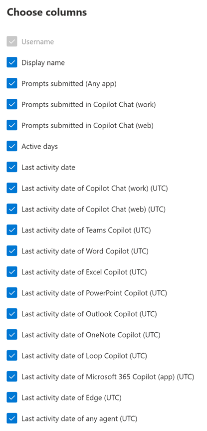 Screenshot showing the columns you can select for the Microsoft 365 Copilot usage report.