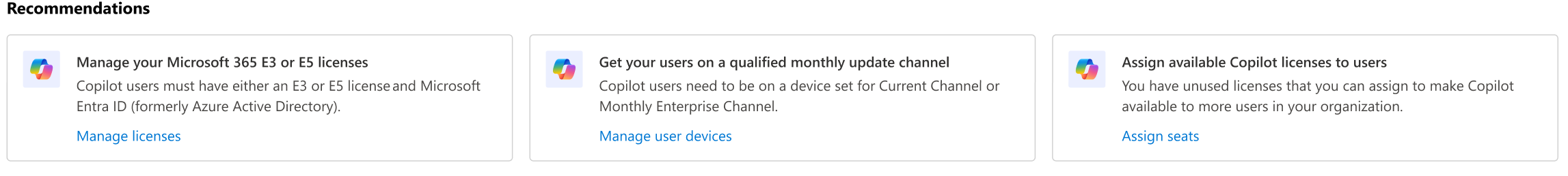 Screenshot showing recommendation cards for Microsoft 365 Copilot usage report.