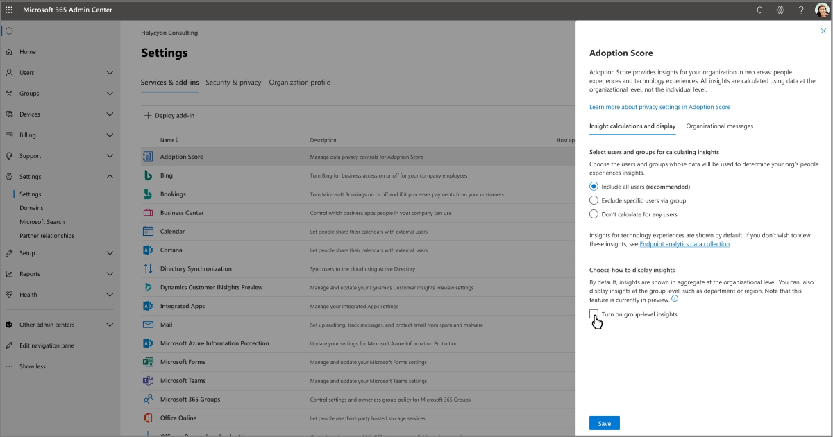 Screenshot: Turn on group-level insights in Adoption Score.