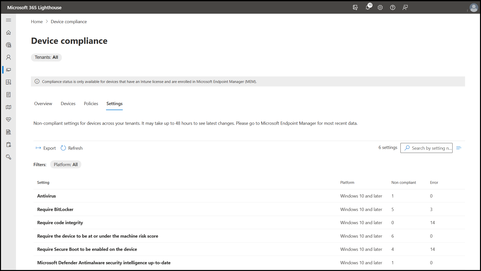 Screenshot of the Settings tab on the Device compliance page.