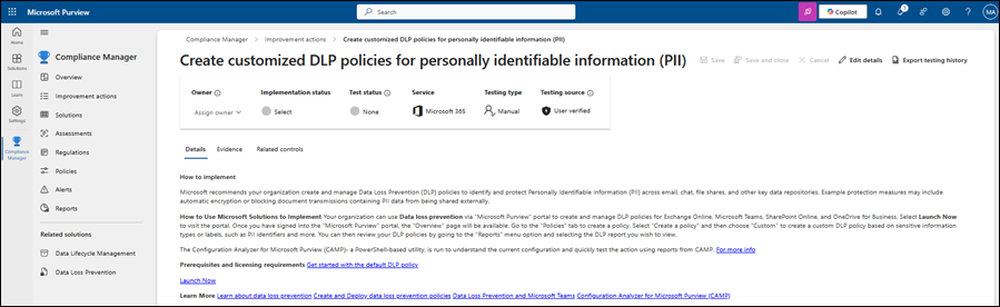 Screenshot of the Create customized DLP policies for personally identifiable information (PII) detailed action page.