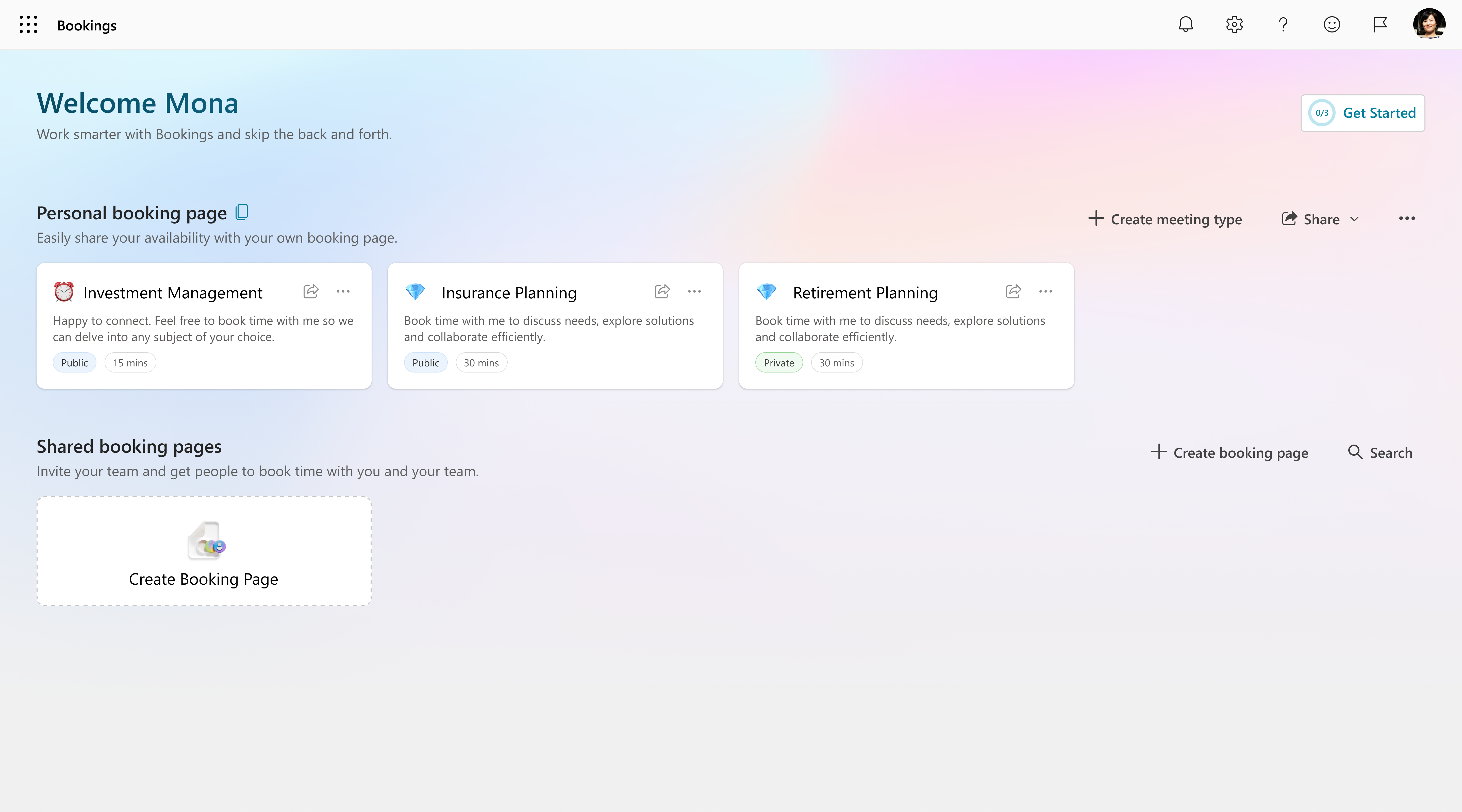 Screenshot showing the homepage for Microsoft Bookings.