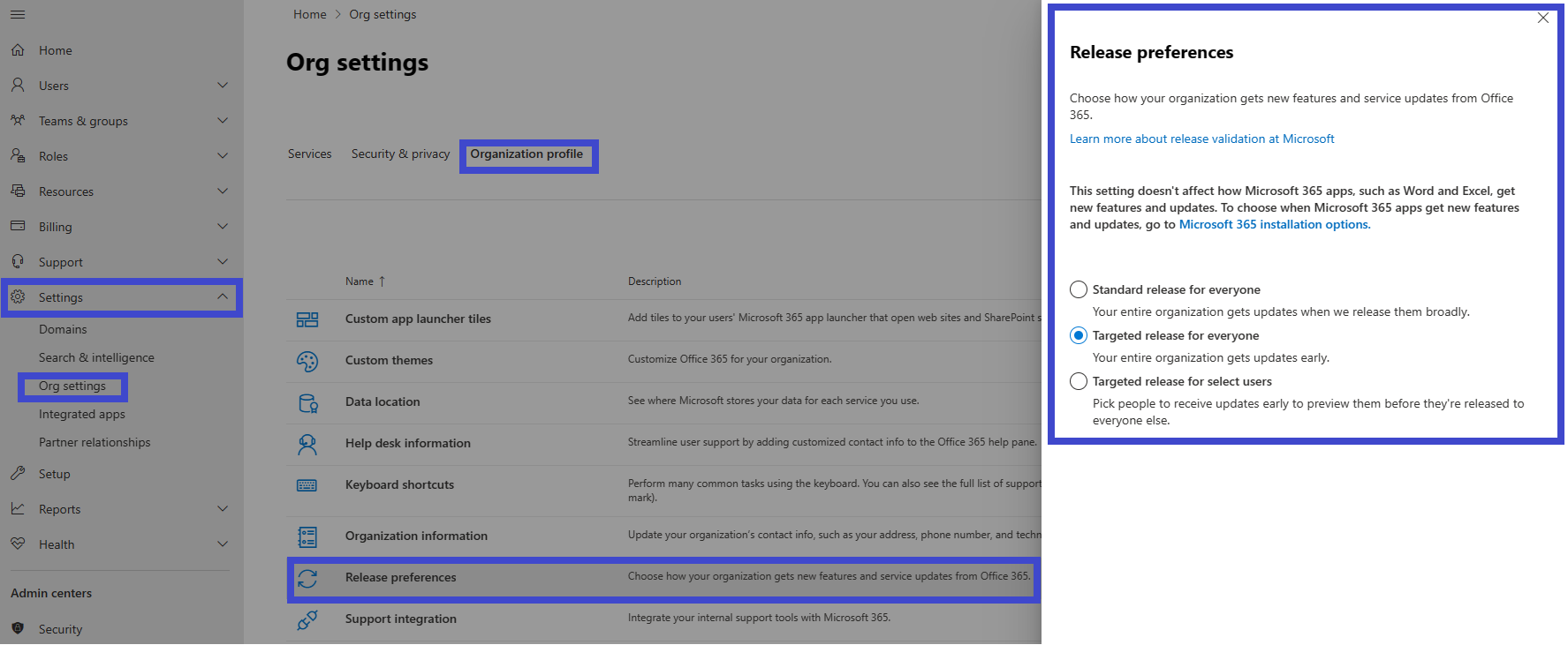 Screenshot: Showing the set up release option in the Microsoft 365 admin.