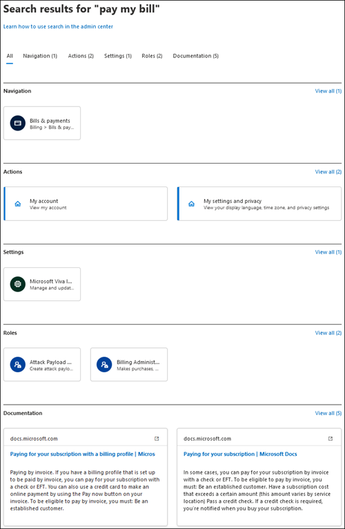 Screenshot: New Microsoft 365 admin center browser search page showing sections All, Navigation, Actions, Settings, Roles, and Documentation.