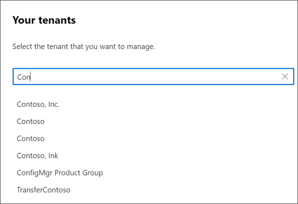 Screenshot of tenant switcher displaying list of managed tenants with search functionality in Microsoft 365 admin center.
