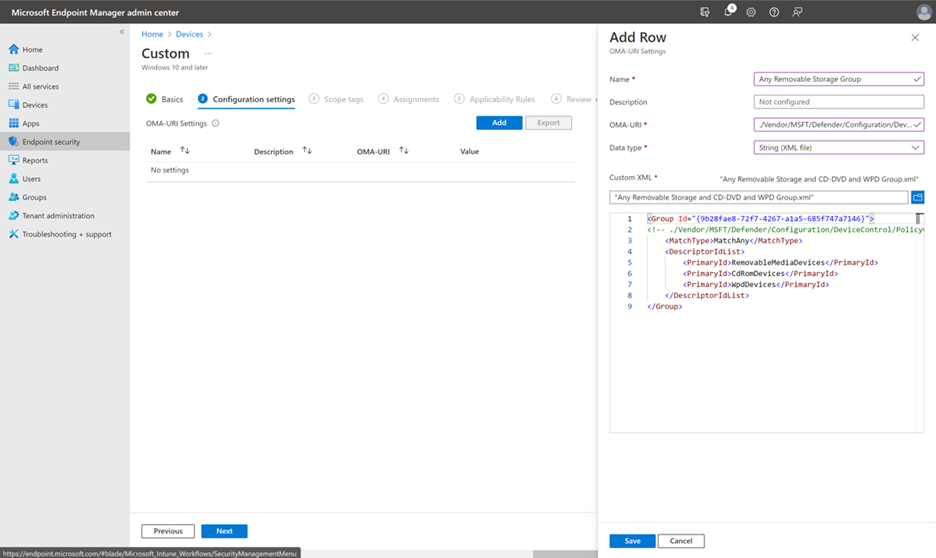 The screenshot that shows the page on which you can create a group with OMA-URI.