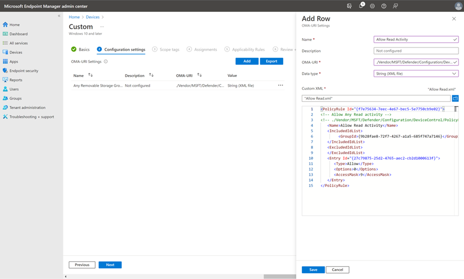 The screenshot that shows the page on which you can create a policy with OMA-URI.