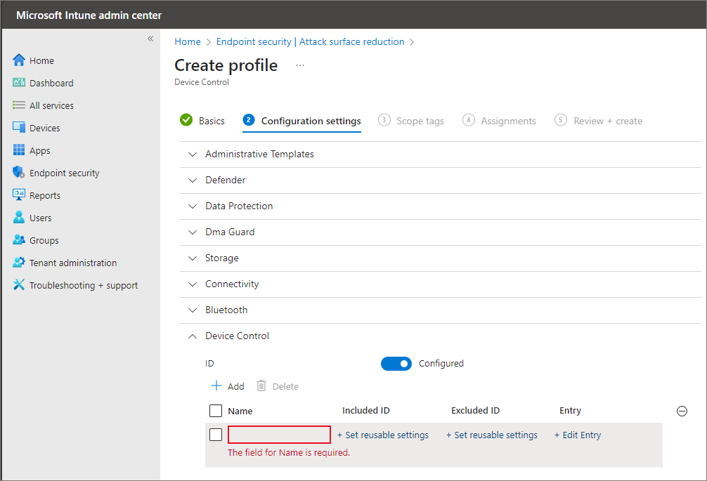 Screenshot of Intune user interface for device control policies.