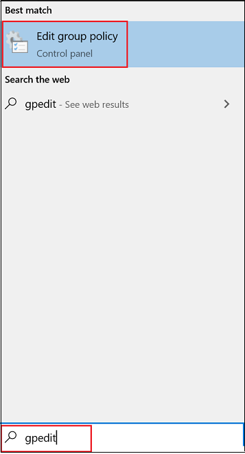 The GPEdit taskbar search result in the Control panel