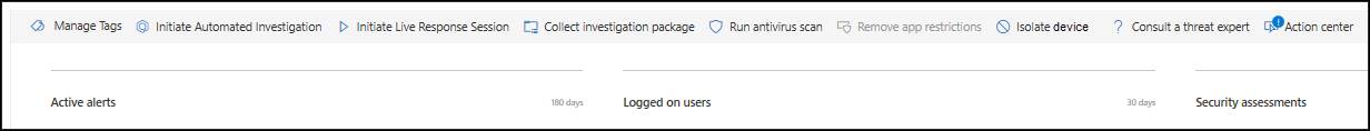 Screenshot that shows response actions across the top of a device page in the Microsoft Defender portal.