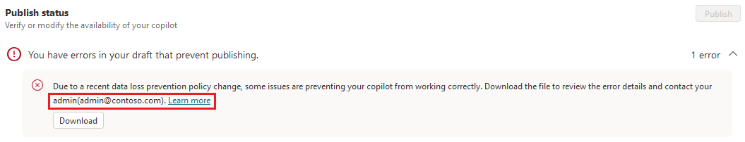 Screenshot of a data policy related error message in Copilot Studio, with an email address and Learn more link highlighted.