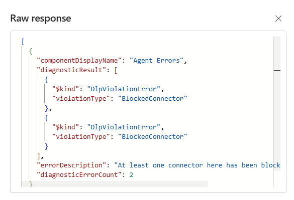Screenshot of the raw response panel that shows data policy violations in a JSON-formatted block of code.