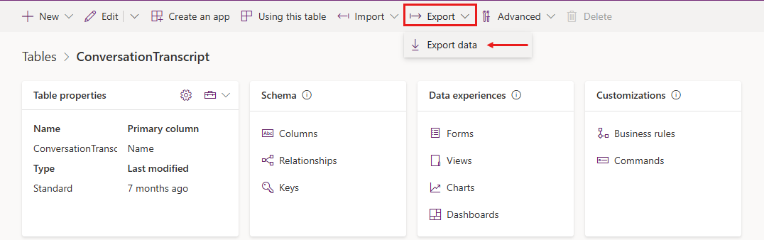 Screenshot showing the Export menu with the Export data option.