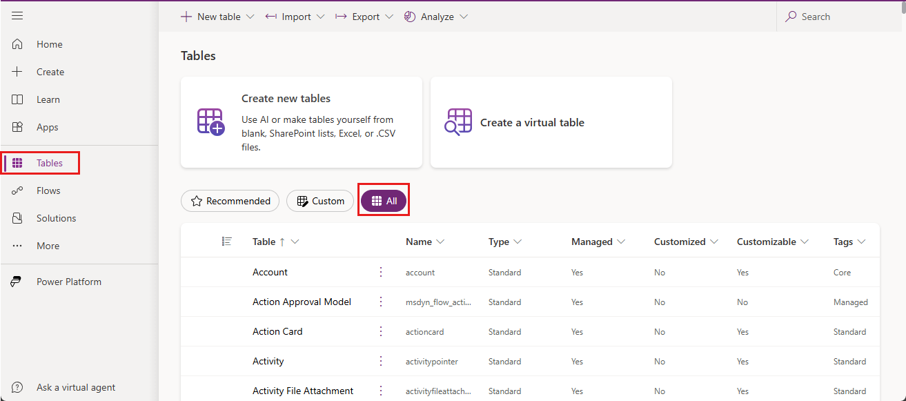 Screenshot showing All selected on the Tables node.