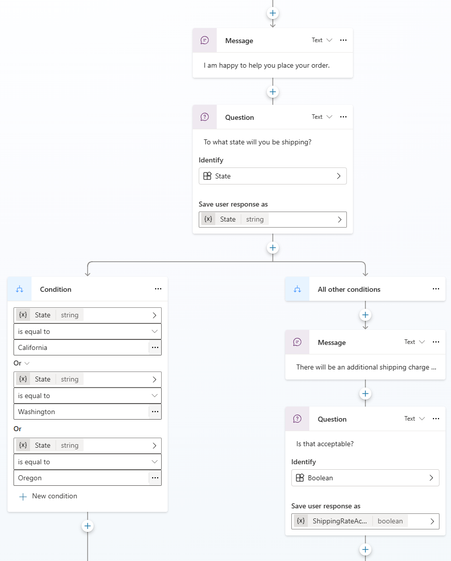 Screenshot of a conversation created from YAML in the Copilot Studio code editor.