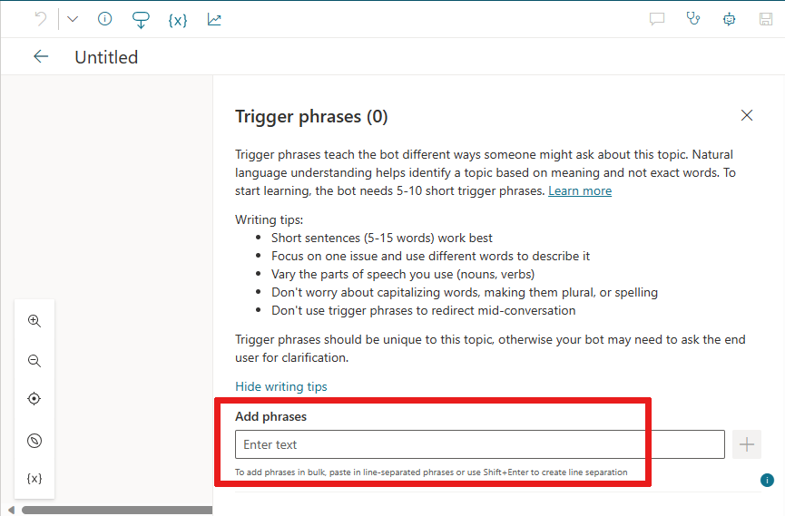 Screenshot of the topic authoring canvas, showing where to add trigger phrases.