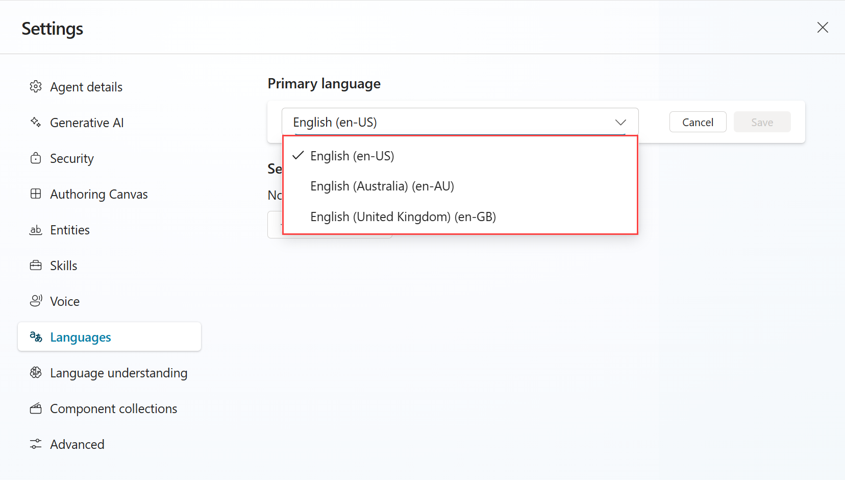 Screenshot of the Languages settings, highlighting the regions available for English.
