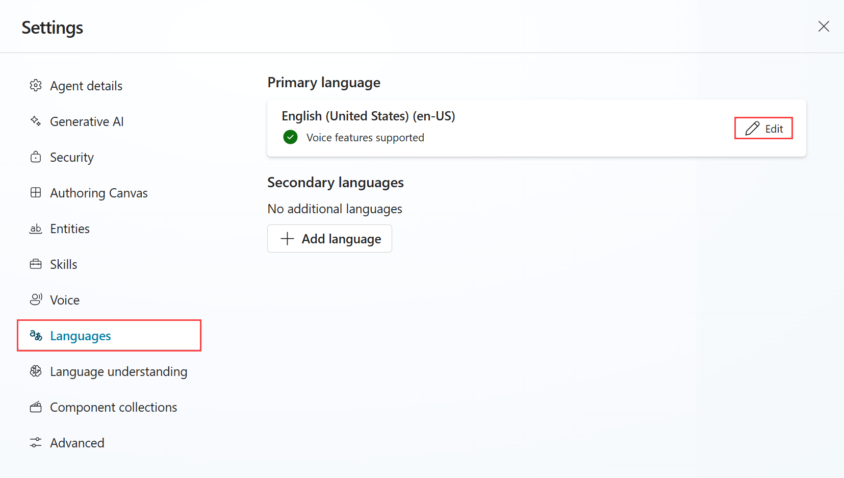 Screenshot of the Languages settings, highlighting the Edit button of the primary language.