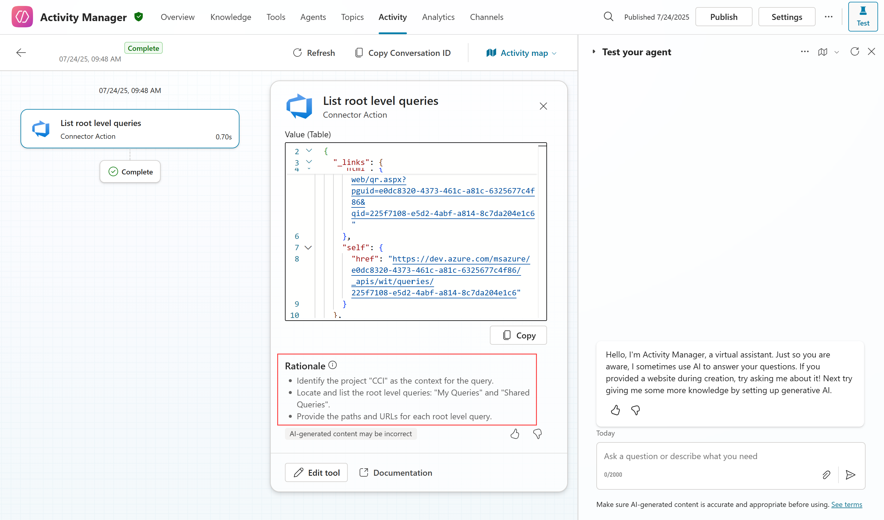 Screenshot of an activity map highlighting the Rationale output.