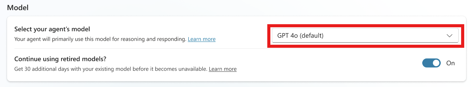 Screenshot showing the location of the model selection dropdown in the Model section of the settings.