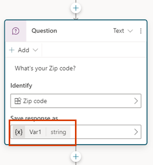 Screenshot of a Question node, with the default name and type of the variable highlighted.