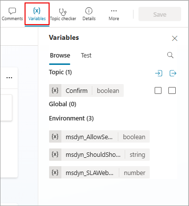 Screenshot of the Variables panel, with the Variables button highlighted.
