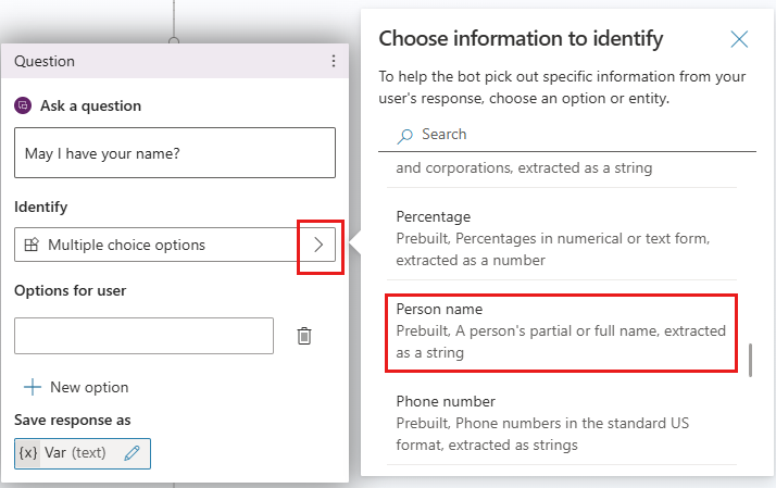 Screenshot of a Question node with the 'Choose information to identify' panel open.