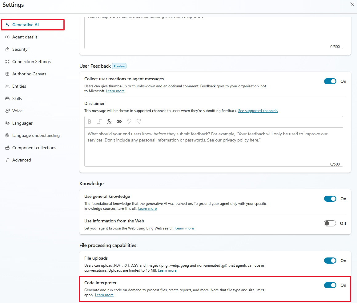 Screenshot of Generative AI Code interpreter setting in Copilot Studio.