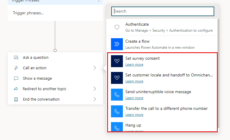 Screenshot of voice-related actions that can be added to a node in Copilot Studio.
