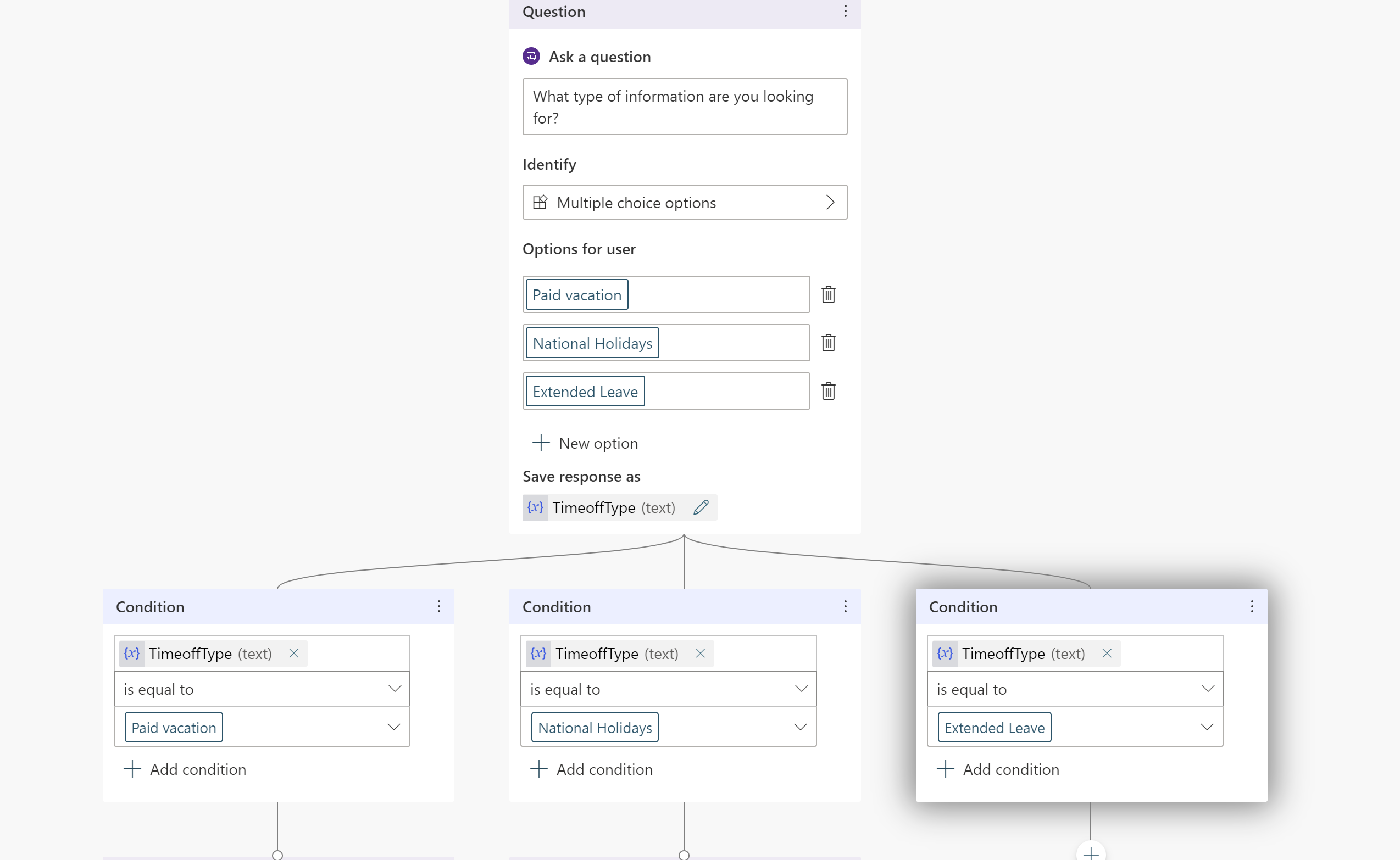 Screenshot that shows how to add an option to the question node.