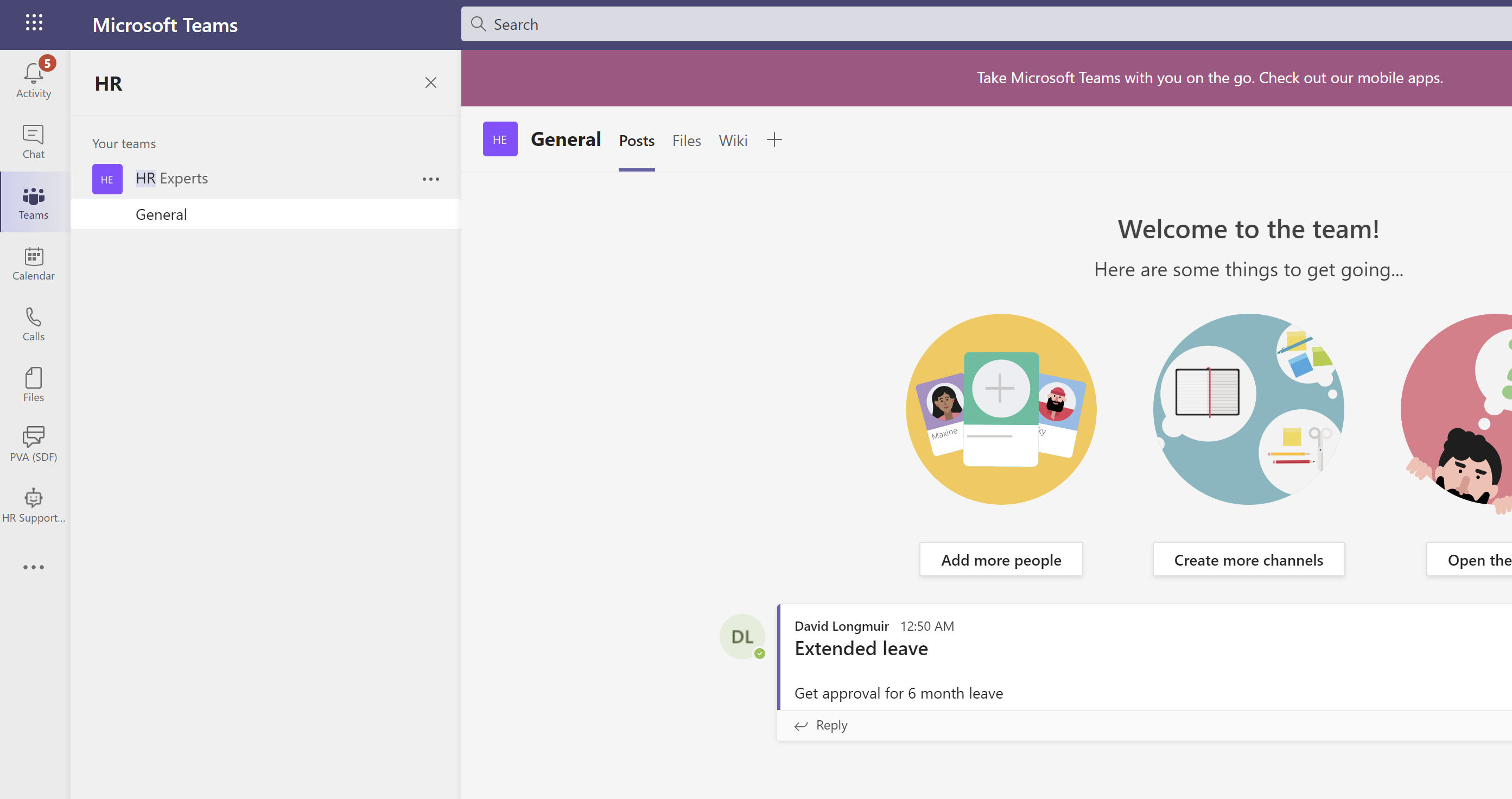 Screenshot that shows the chatbot output a message into the Teams channel about extended leave.