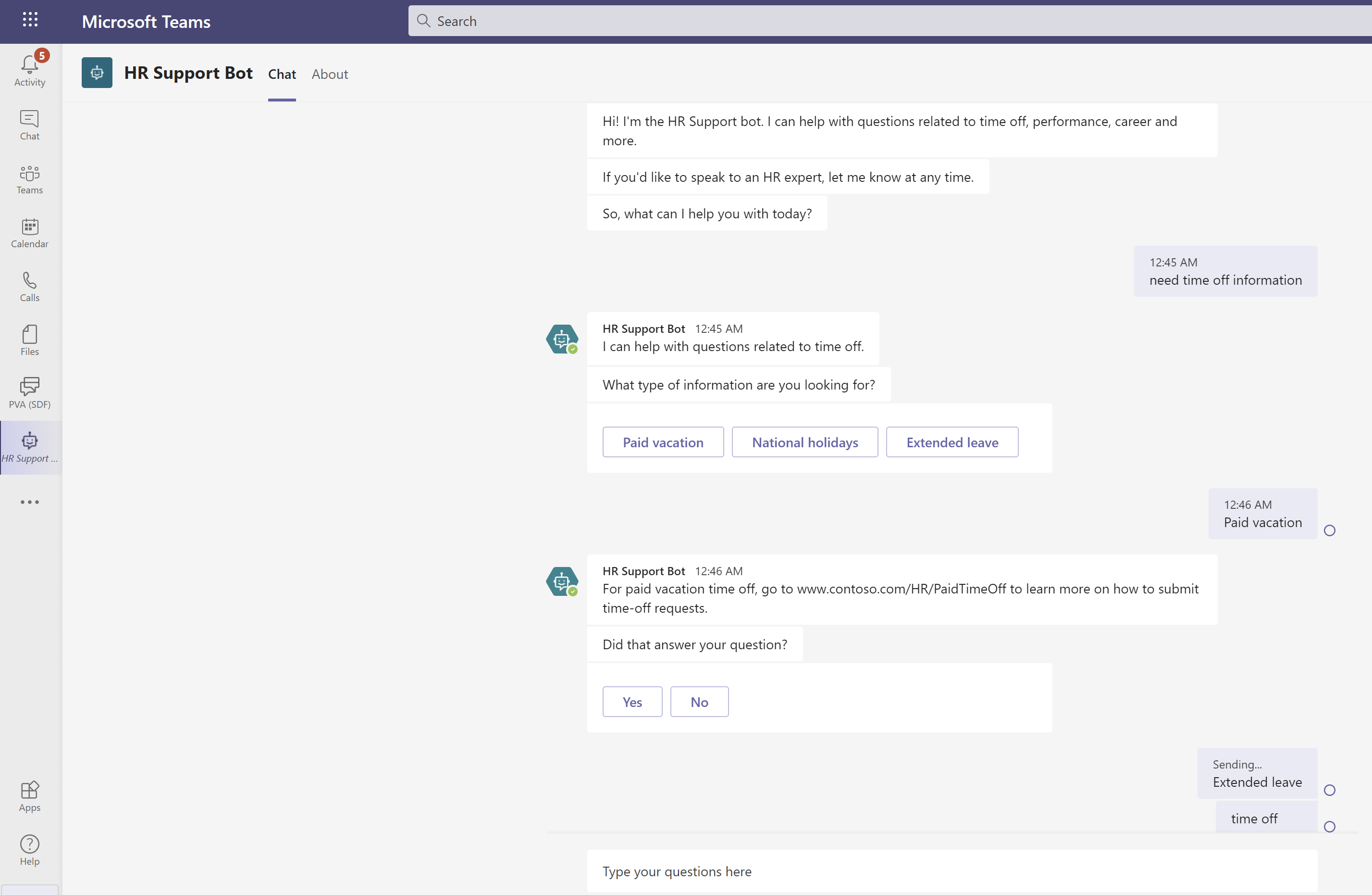 Screenshot shows how the user can talk with the chatbot, similarly to a Teams chat.