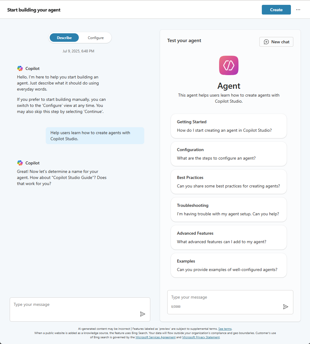 Screenshot of the page where you start building an agent in Copilot Studio.